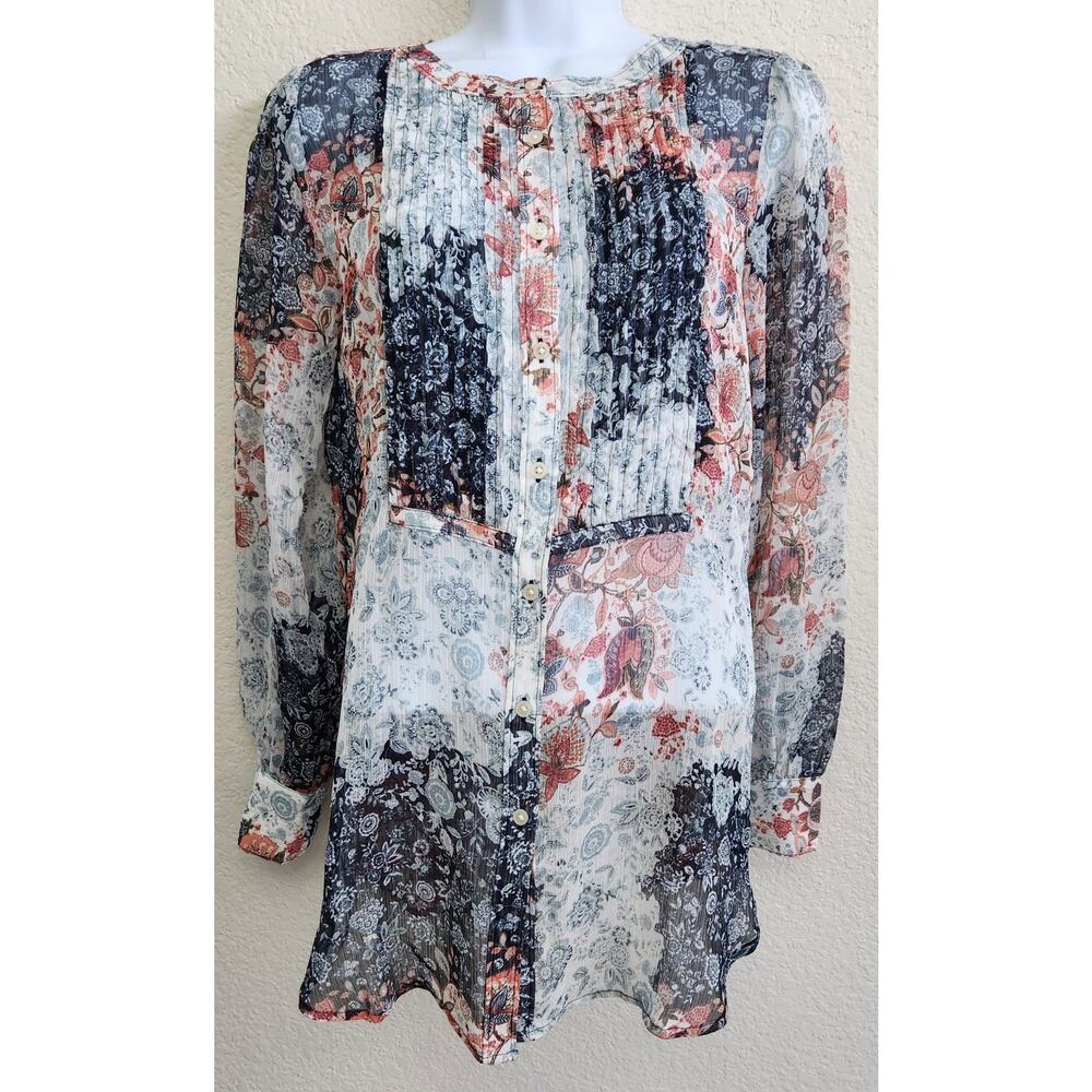 Loft Blue Pink Floral Pleated Bodice Button Up Top XS Lightweight Sheer Soft